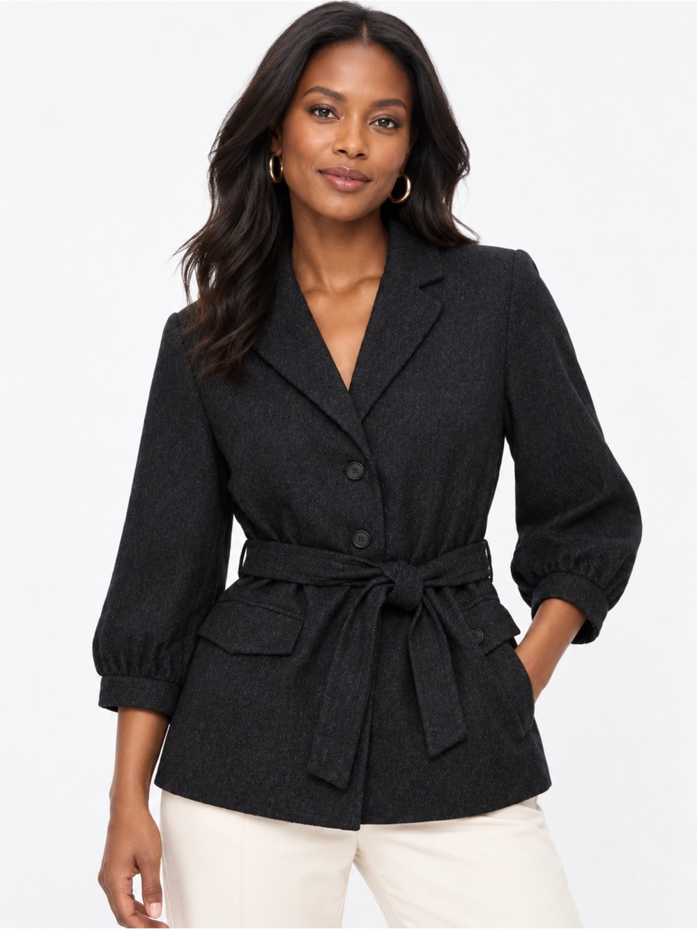 NWT Vintage Banana Republic 3/4 Sleeve Belted Wool Blazer Charcoal Size 8